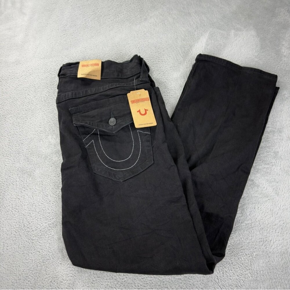 True Religion NWT Men's Size 36x30 Black Denim Relaxes Flared Jeans Zipper Fly